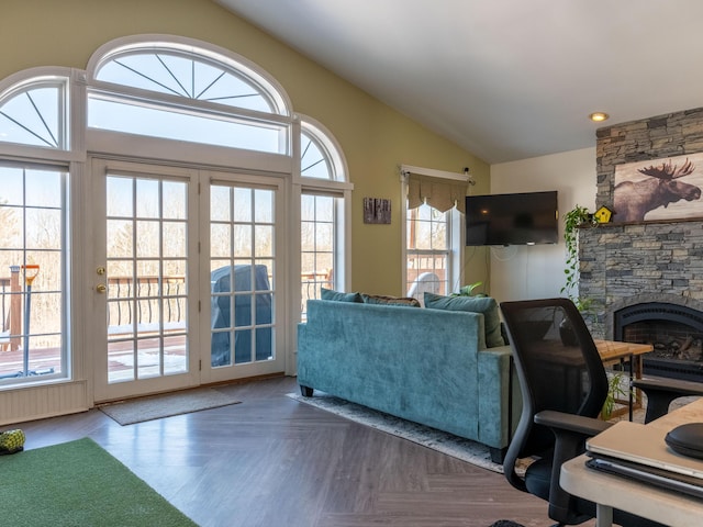 27 Orchard Ln, Minot, ME 04258 - living area featuring vaulted ceiling and a fireplace