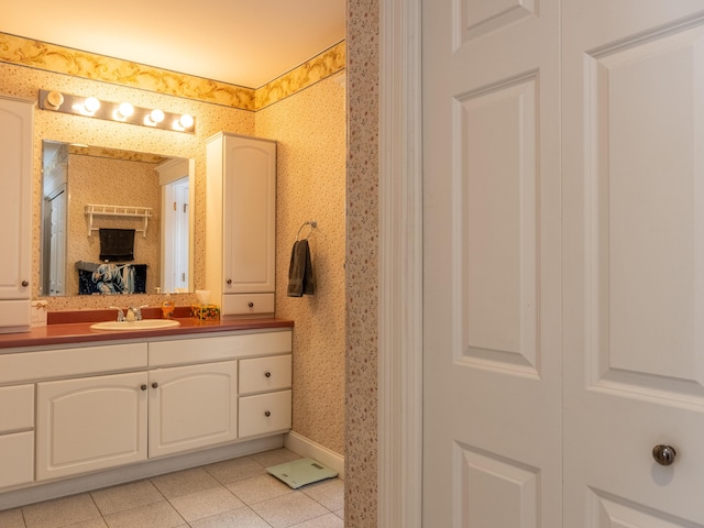 27 Orchard Ln, Minot, ME 04258 - bathroom with vanity, wallpapered walls, and tile patterned flooring