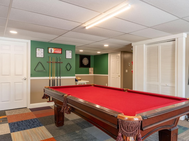 27 Orchard Ln, Minot, ME 04258 - recreation room featuring a drop ceiling, billiards table, and carpet