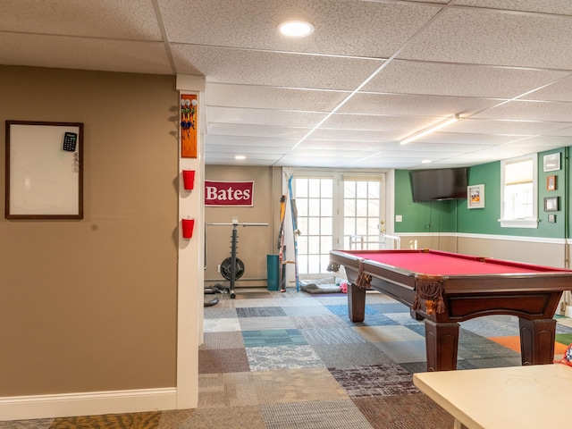 27 Orchard Ln, Minot, ME 04258 - rec room with a paneled ceiling, carpet flooring, billiards table, and recessed lighting