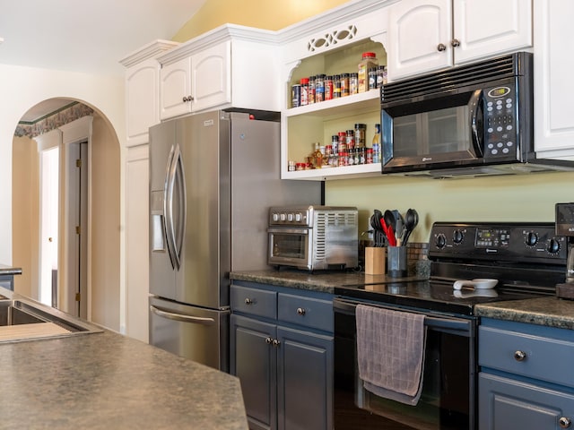 27 Orchard Ln, Minot, ME 04258 - kitchen featuring black appliances, dark countertops, white cabinetry, and blue cabinetry