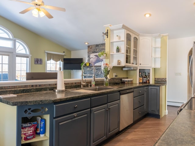27 Orchard Ln, Minot, ME 04258 - kitchen featuring open shelves, dishwasher, lofted ceiling, dark countertops, and ceiling fan
