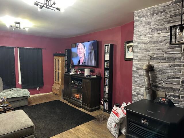 cinema with hardwood / wood-style flooring and a fireplace