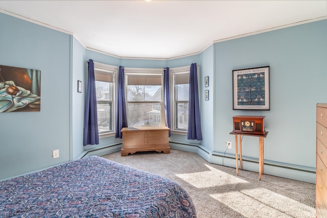 carpeted bedroom featuring crown molding and a baseboard heating unit