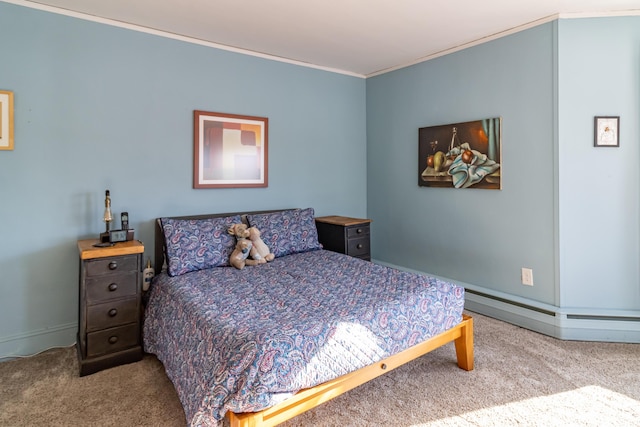 carpeted bedroom with a baseboard heating unit and ornamental molding