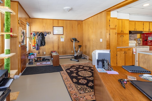 exercise area with wooden walls and baseboard heating