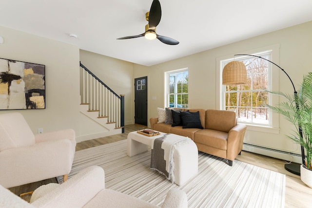 living area with a healthy amount of sunlight, light wood-style flooring, stairs, and a baseboard heating unit