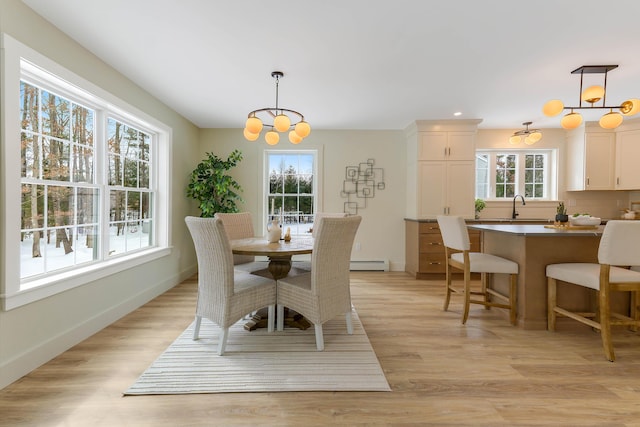 dining area with baseboards, light wood finished floors, a baseboard radiator, and a healthy amount of sunlight