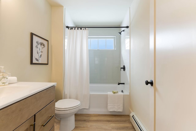 full bathroom with toilet, shower / tub combo, wood finished floors, vanity, and baseboard heating