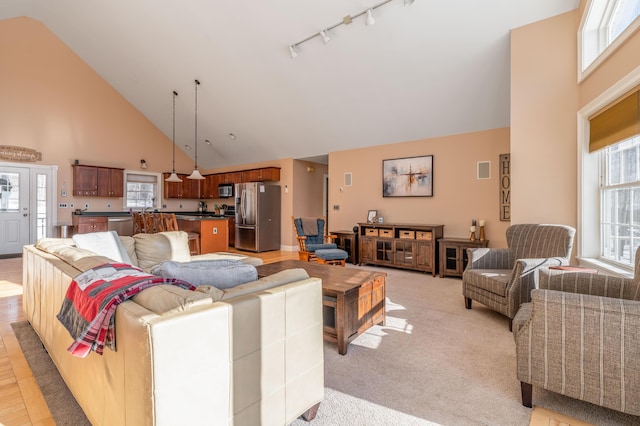 carpeted living room featuring rail lighting and high vaulted ceiling