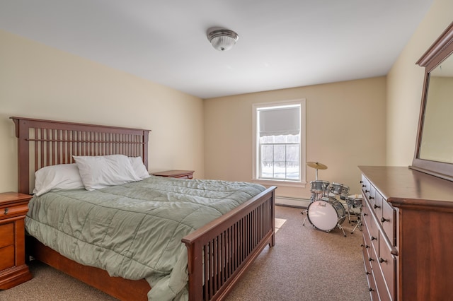 bedroom featuring light carpet and baseboard heating