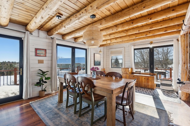 dining space featuring dark hardwood / wood-style flooring, wooden walls, wooden ceiling, and beamed ceiling