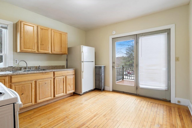 kitchen featuring light wood-style flooring, light brown cabinetry, a sink, freestanding refrigerator, and stove