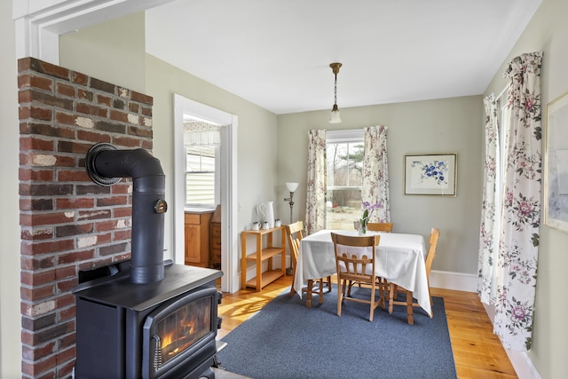 10 Leeman Hill Rd, Bristol, ME 04554 - dining area with a wood stove, wood finished floors, and baseboards