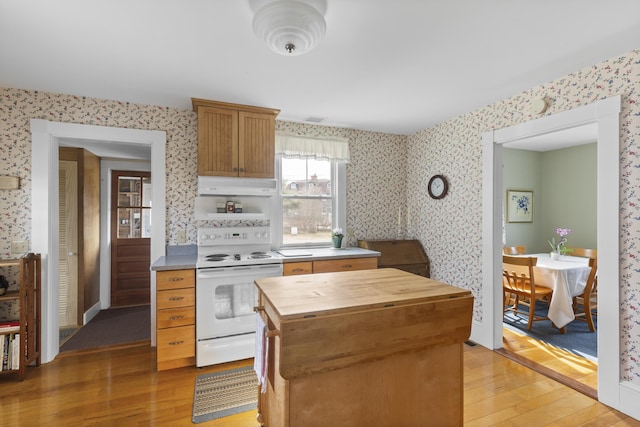 10 Leeman Hill Rd, Bristol, ME 04554 - kitchen featuring white electric stove, wallpapered walls, butcher block countertops, light wood-type flooring, and under cabinet range hood