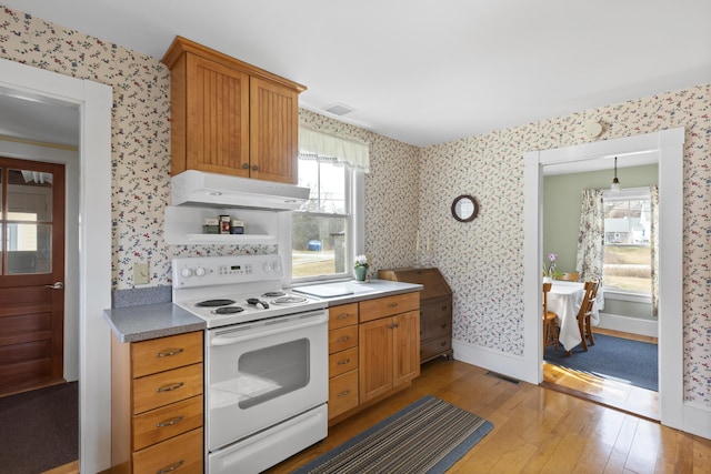 10 Leeman Hill Rd, Bristol, ME 04554 - kitchen with white electric stove, under cabinet range hood, wallpapered walls, hardwood / wood-style flooring, and healthy amount of natural light