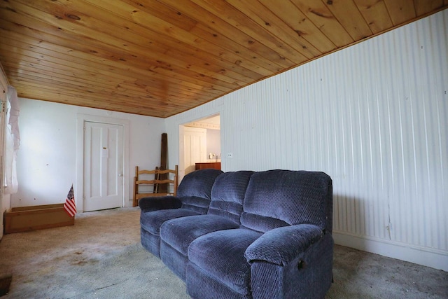 living room featuring light colored carpet and wood ceiling