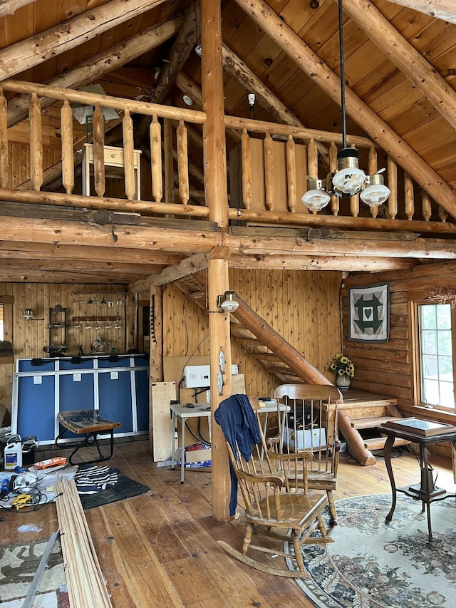 45 Dickson Rd, Carrying Place Town Twp, ME 04961 - interior space featuring beamed ceiling, high vaulted ceiling, hardwood / wood-style floors, and wood ceiling