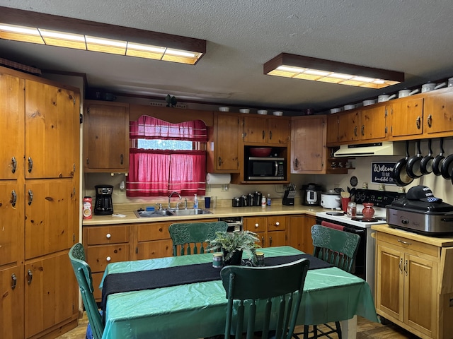 kitchen featuring under cabinet range hood, built in microwave, brown cabinets, and a sink