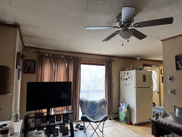 living room featuring light wood finished floors, a baseboard radiator, a ceiling fan, and a textured ceiling