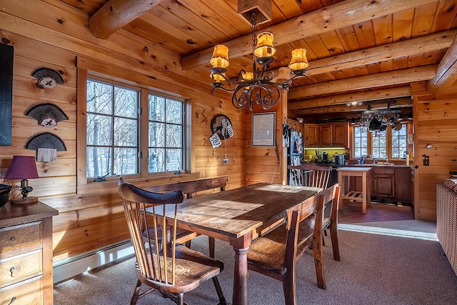 dining space with a baseboard radiator, wooden ceiling, beam ceiling, and wooden walls