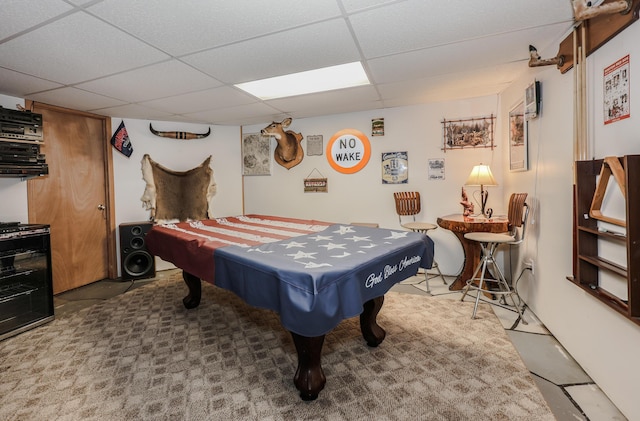 playroom featuring billiards and a drop ceiling