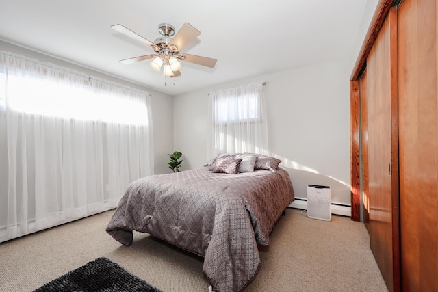 bedroom with a baseboard radiator and ceiling fan