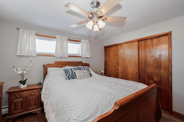 bedroom featuring a closet, ceiling fan, dark hardwood / wood-style floors, and a baseboard radiator