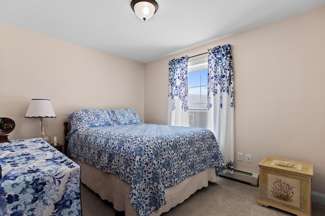 bedroom with baseboard heating and light colored carpet