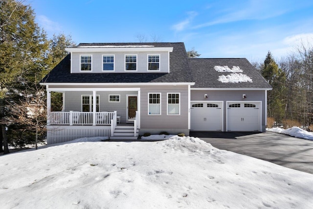 view of front of property featuring aphalt driveway, roof with shingles, covered porch, and an attached garage