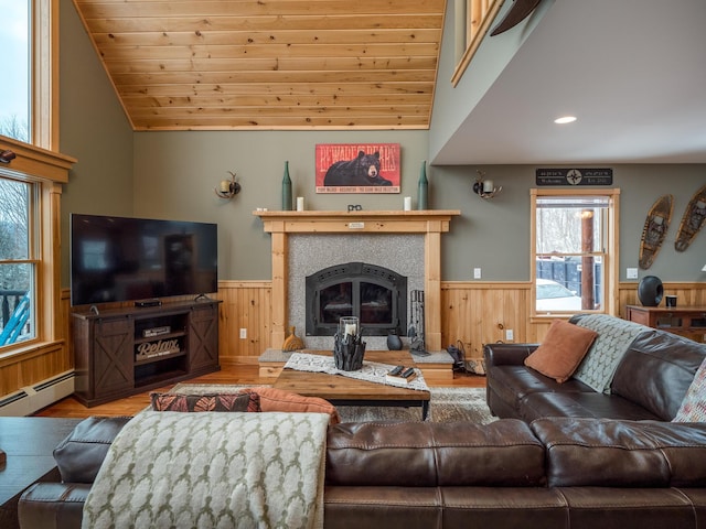 living room with a tiled fireplace, wood walls, wood-type flooring, and wood ceiling