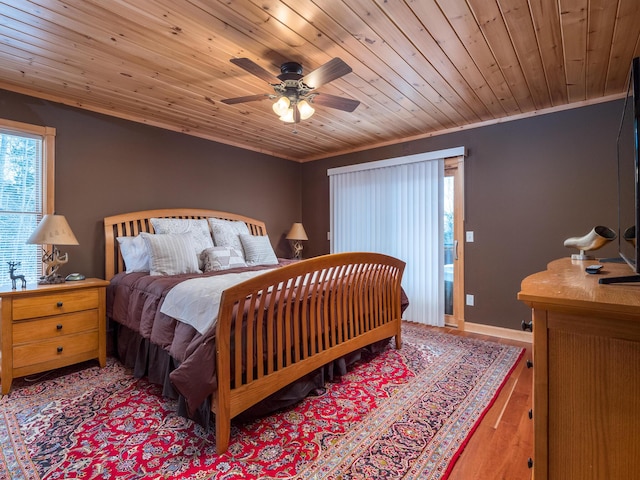 bedroom with ornamental molding, hardwood / wood-style floors, wooden ceiling, and ceiling fan