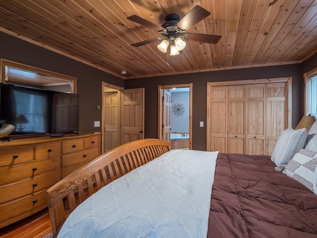 bedroom featuring ceiling fan, connected bathroom, and wooden ceiling