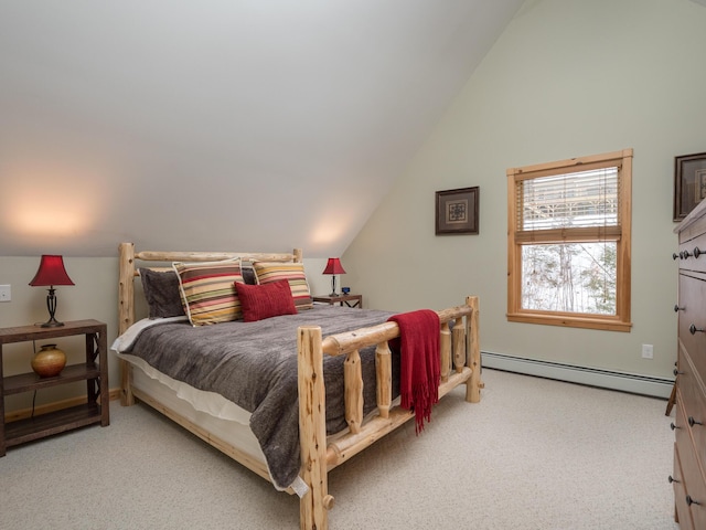 bedroom featuring lofted ceiling, a baseboard heating unit, and light colored carpet