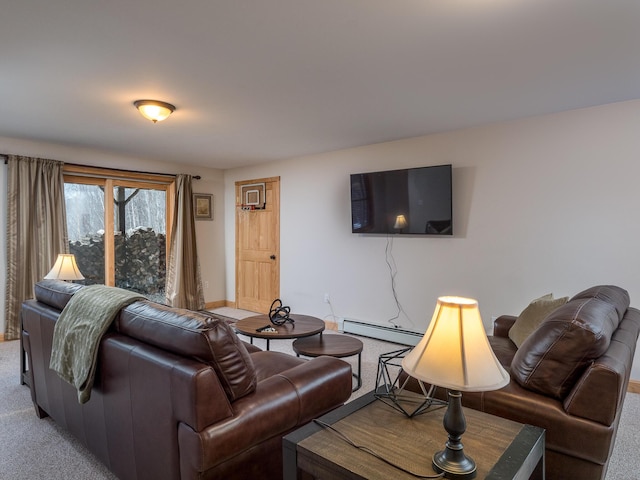 living room featuring baseboard heating and carpet floors