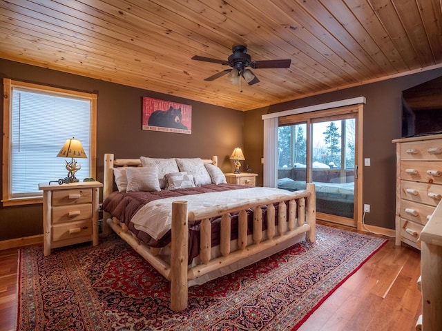 bedroom featuring access to exterior, wooden ceiling, ceiling fan, and wood-type flooring