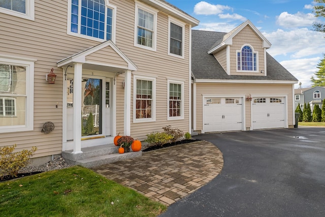 view of front of home featuring entry steps, driveway, roof with shingles, and an attached garage