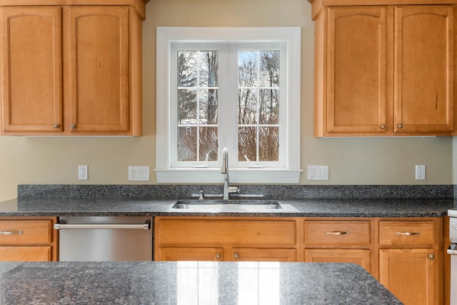 kitchen featuring dishwasher, brown cabinets, and a sink