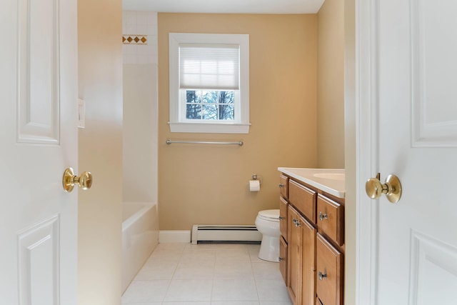 bathroom featuring a baseboard heating unit, vanity, toilet, and tile patterned floors