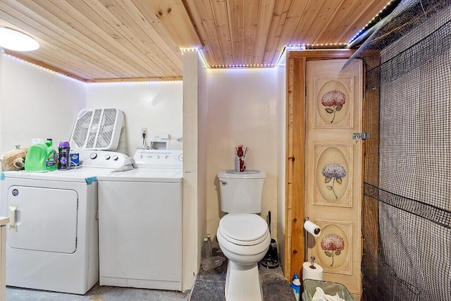 laundry area featuring independent washer and dryer and wood ceiling