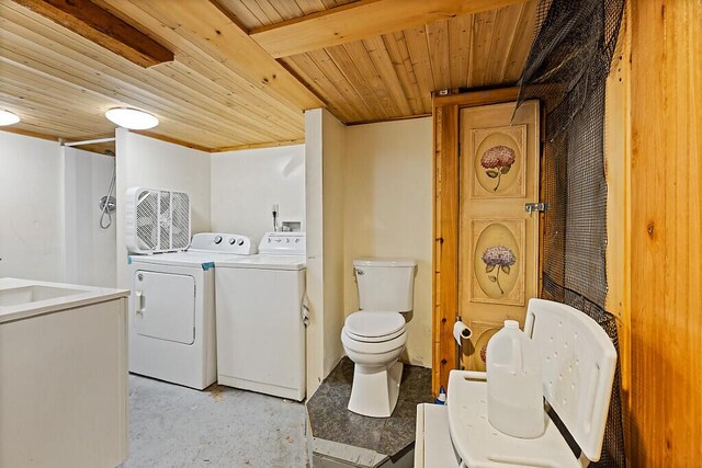 6 Stoddard Ln, Hallowell, ME 04347 - bathroom with separate washer and dryer, wooden ceiling, concrete floors, and a shower