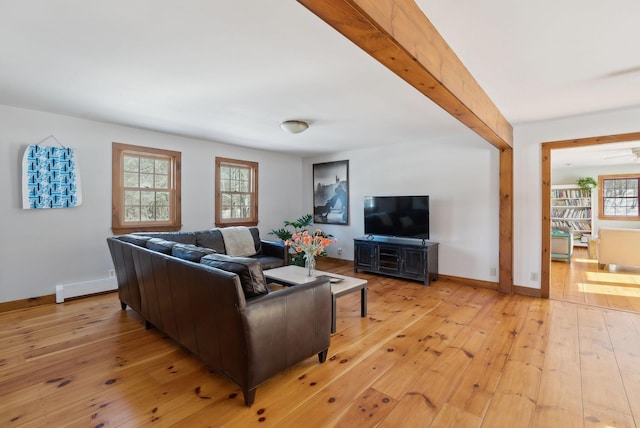 living area featuring light wood finished floors, baseboards, a baseboard heating unit, and beam ceiling