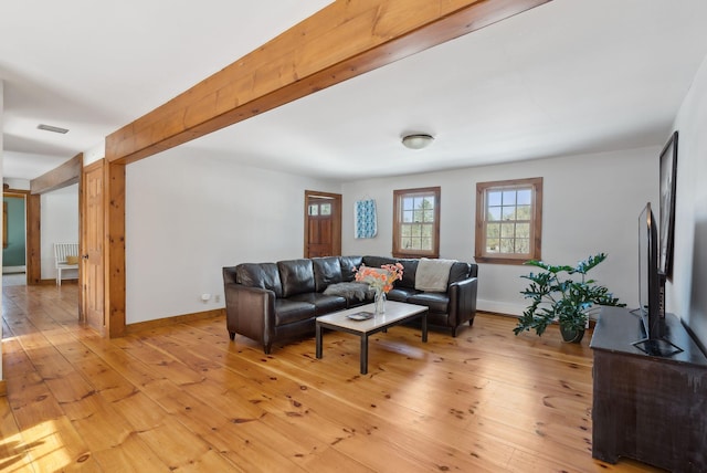 living room with baseboards, visible vents, and light wood-style floors