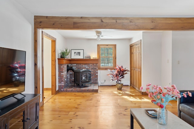 living room featuring a wood stove, light wood finished floors, and ceiling fan