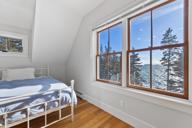 bedroom featuring baseboards, vaulted ceiling, and wood finished floors