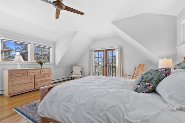 bedroom featuring lofted ceiling, light wood-style flooring, a ceiling fan, access to outside, and baseboard heating