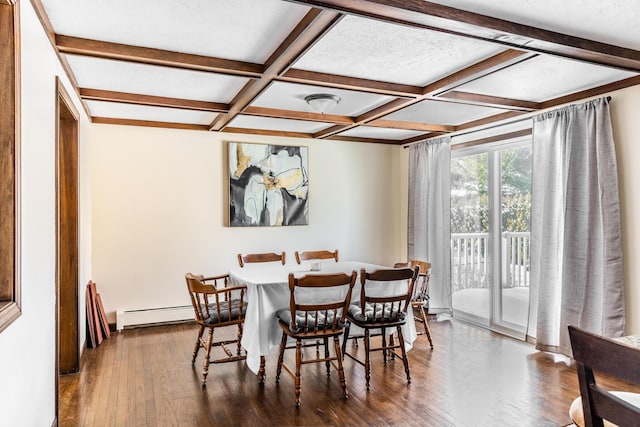 dining area with beamed ceiling, coffered ceiling, wood finished floors, and a baseboard radiator