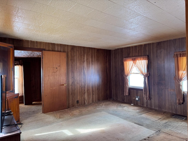 spare room featuring light carpet and wooden walls