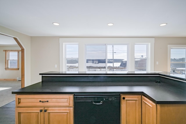 kitchen featuring dishwasher, dark countertops, arched walkways, and plenty of natural light