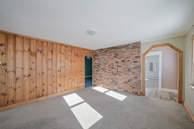 carpeted empty room featuring a baseboard radiator and wooden walls